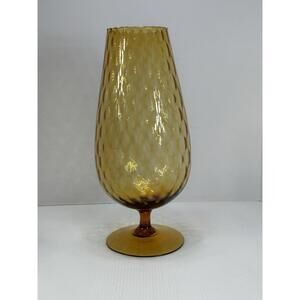 Vintage Large Empoli Diamond Optic Amber‎ Glass Footed Vase Ruffed Lip MCM 15 in